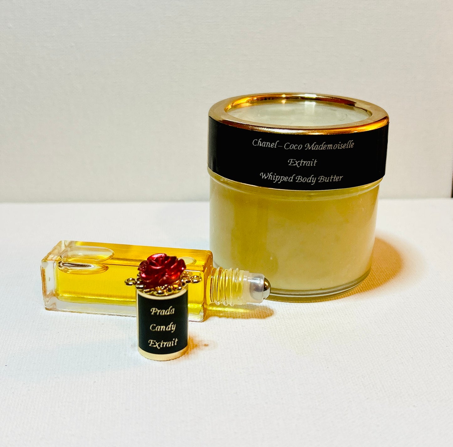 Her Body Khemistry Layered Combo Set Inspired by Chanel Coco Mademoiselle- Creamy Body Butter & Prada Candy -Fragrance Oil